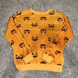 Wound Up - Women's Halloween‎ Pumpkin Print Orange Fleece Plush Sweatshirt S